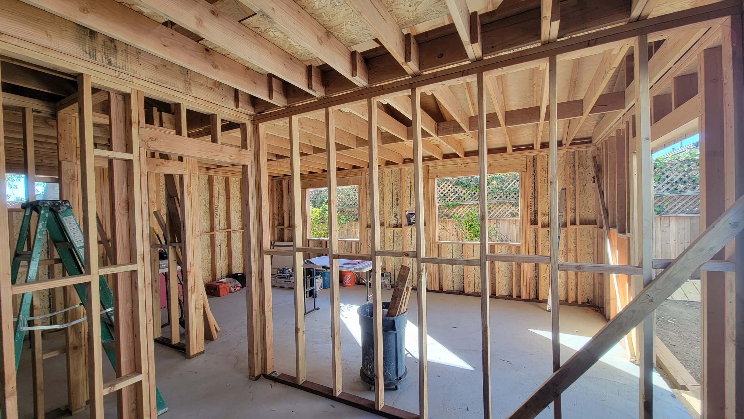 Interior wall framing during home construction before electrical and plumbing rough-in